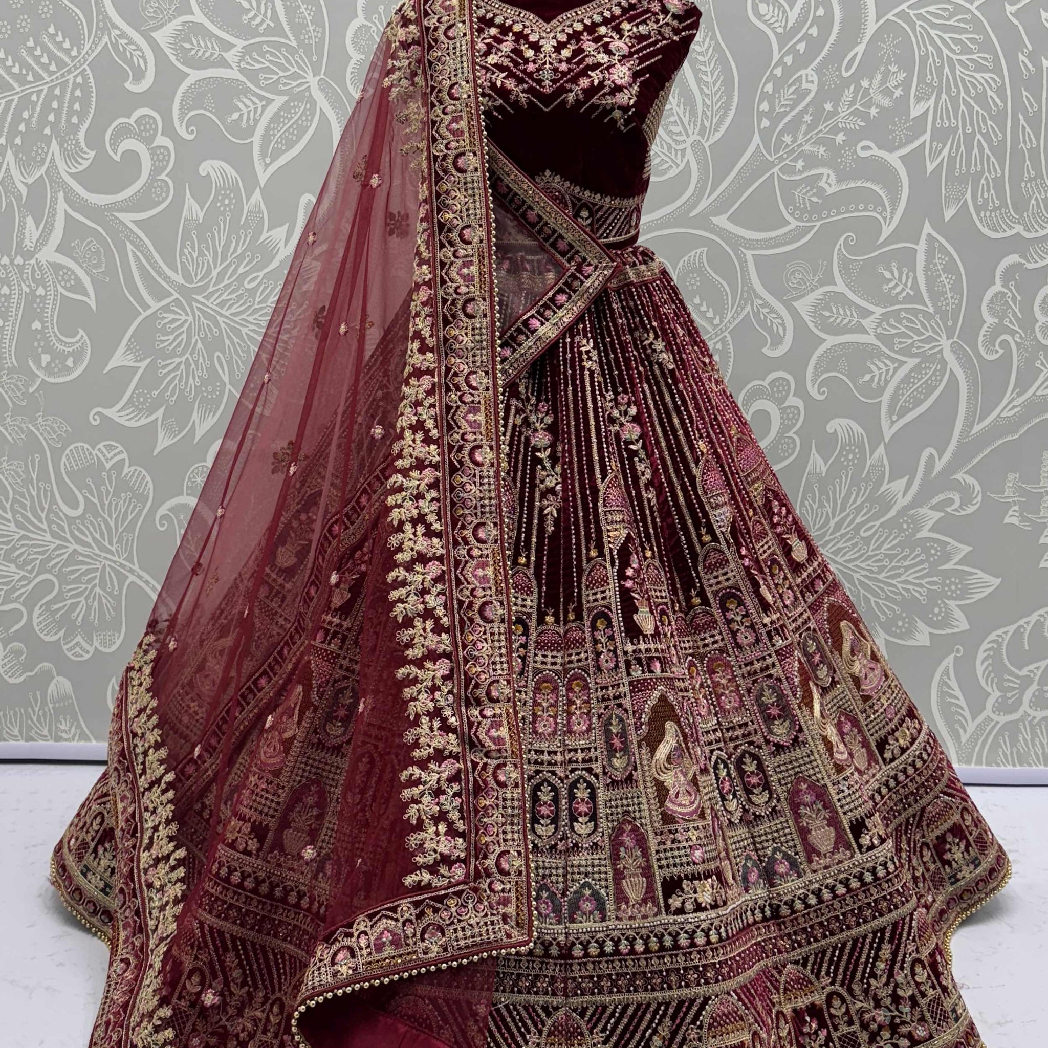 Attractive Maroon Dori Embroidery Velvet Bridal Lehenga Choli With Double Dupatta