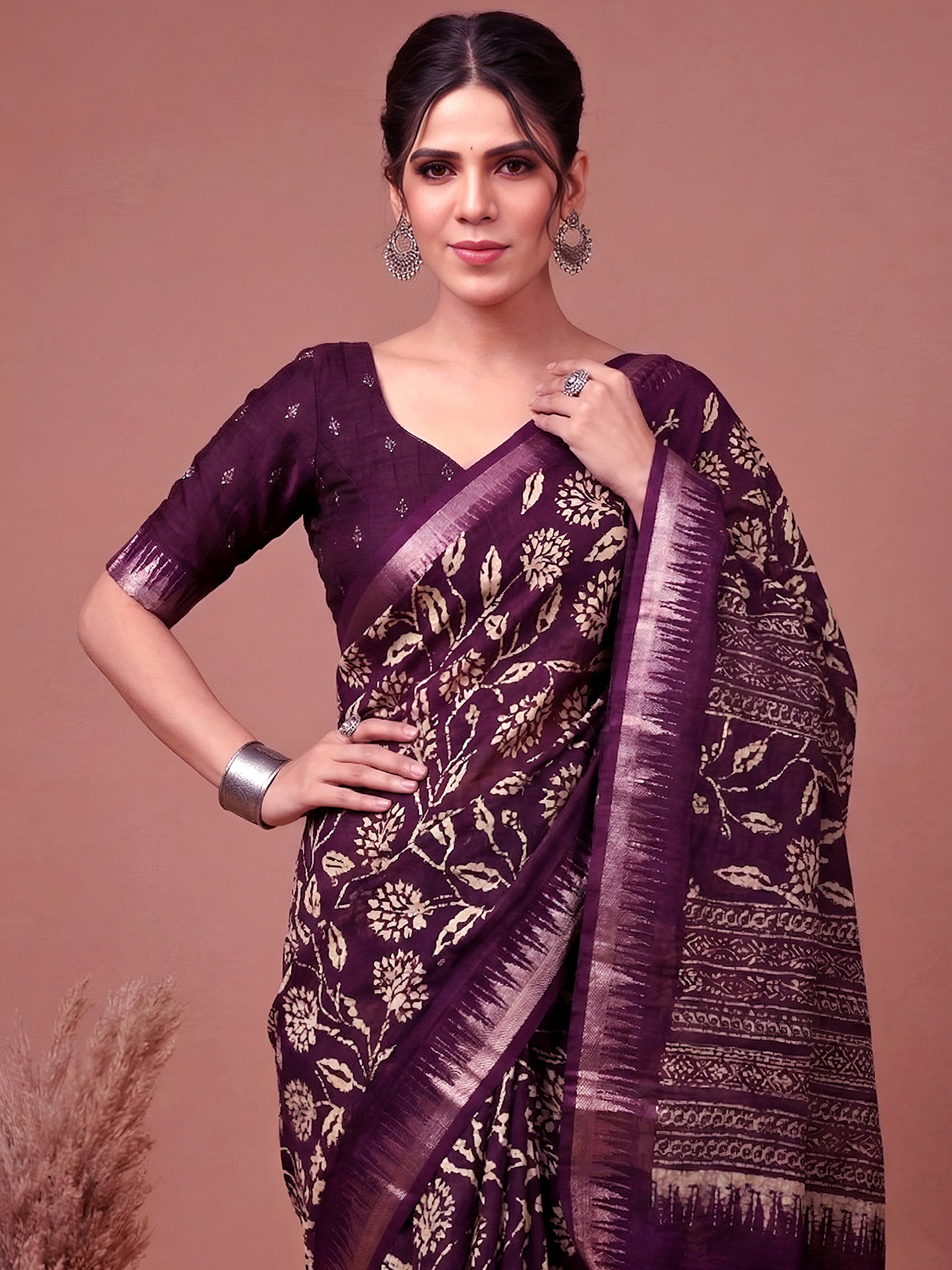 Fabulous Wine Floral Printed Silk Casual Wear Saree With Blouse