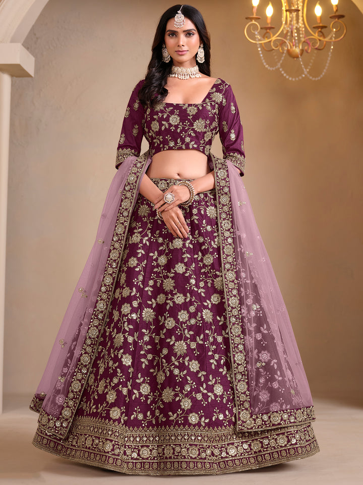 Rich Wine Sequins Silk Engagement Wear Lehenga Choli With Dupatta