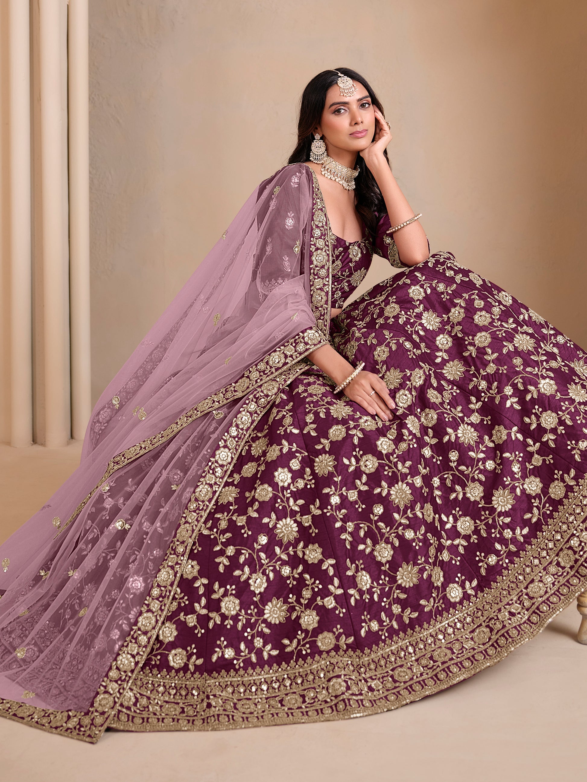 Rich Wine Sequins Silk Engagement Wear Lehenga Choli With Dupatta