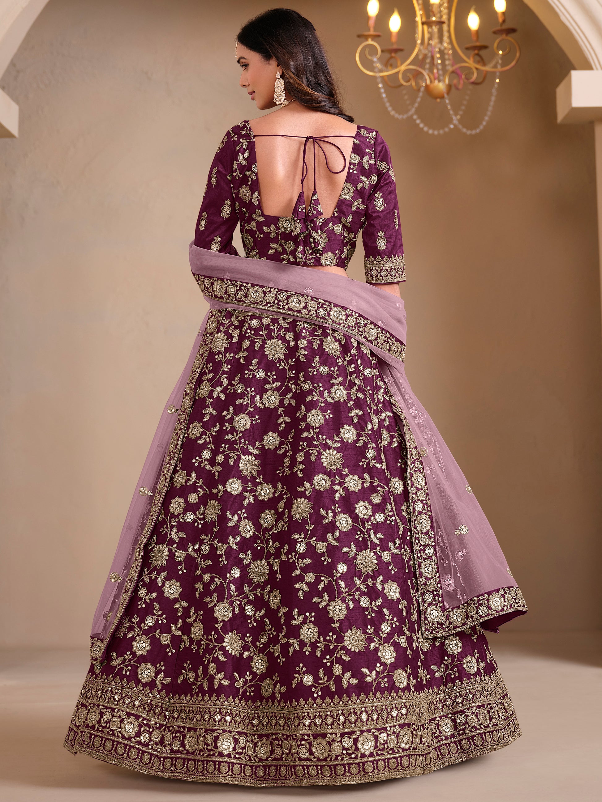 Rich Wine Sequins Silk Engagement Wear Lehenga Choli With Dupatta