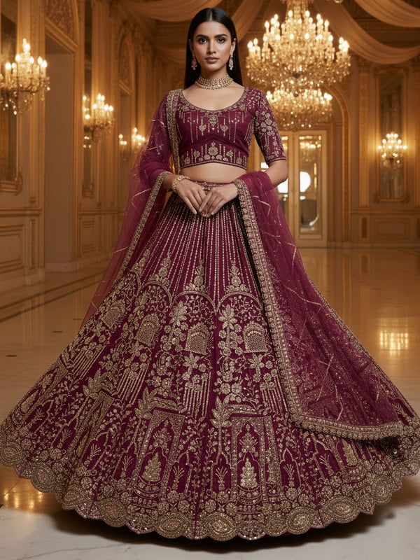 Mesmerizing Maroon Hand Work Net Bridal Lehenga Choli With Dupatta