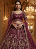 Mesmerizing Maroon Hand Work Net Bridal Lehenga Choli With Dupatta