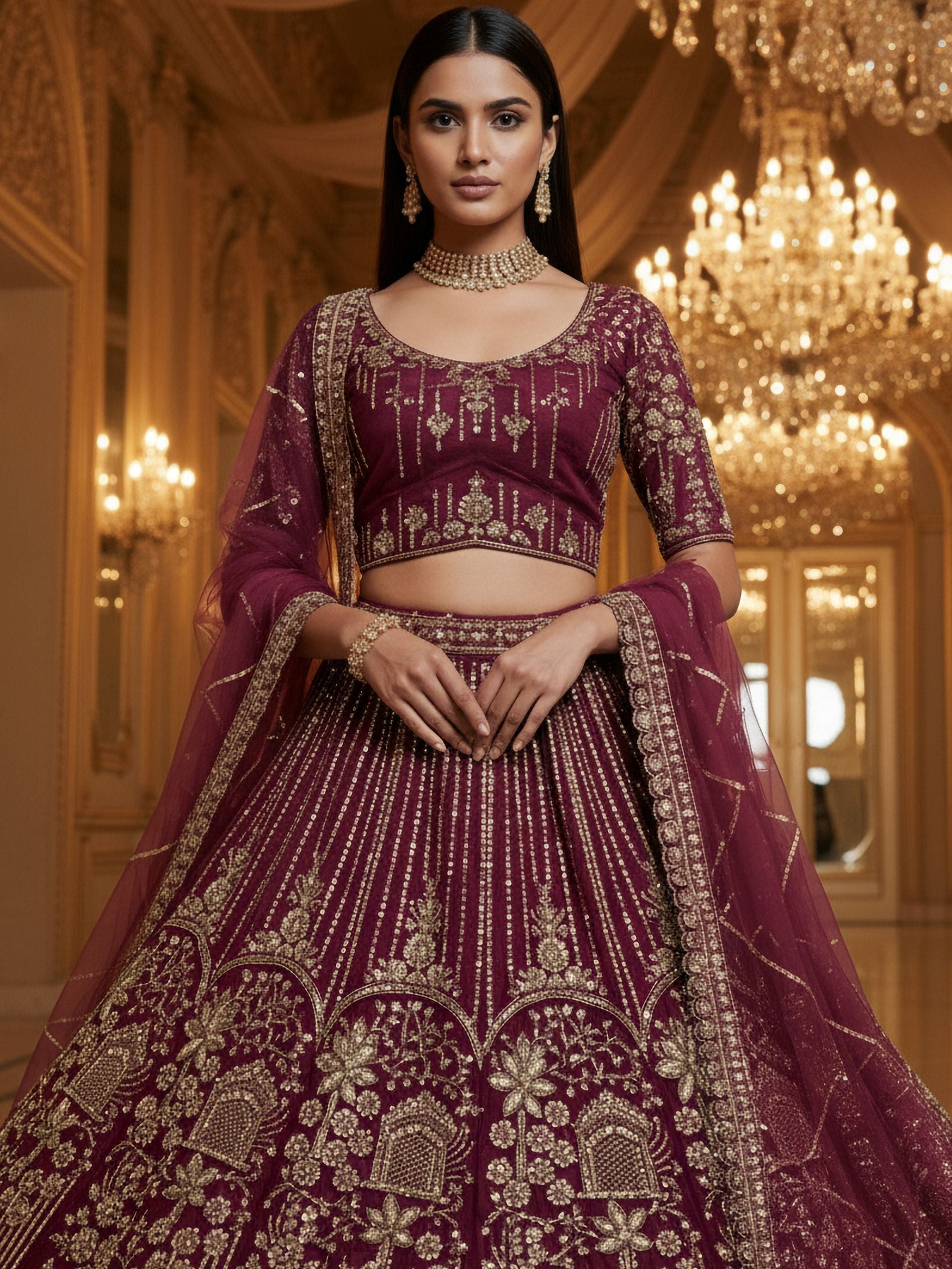 Mesmerizing Maroon Hand Work Net Bridal Lehenga Choli With Dupatta