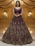 Stellar Dark Maroon Heavy Embroidered Net Bridal Lehenga Choli With Dupatta