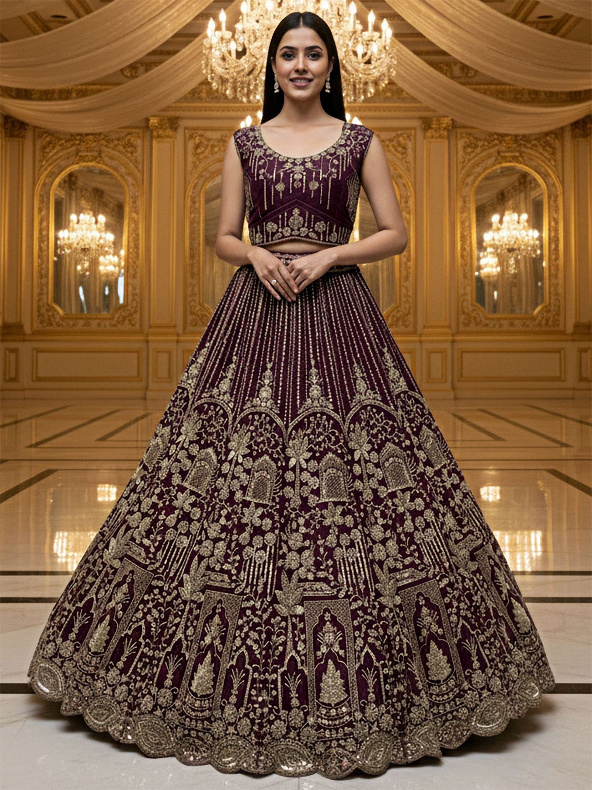 Stellar Dark Maroon Heavy Embroidered Net Bridal Lehenga Choli With Dupatta