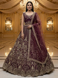 Stellar Dark Maroon Heavy Embroidered Net Bridal Lehenga Choli With Dupatta