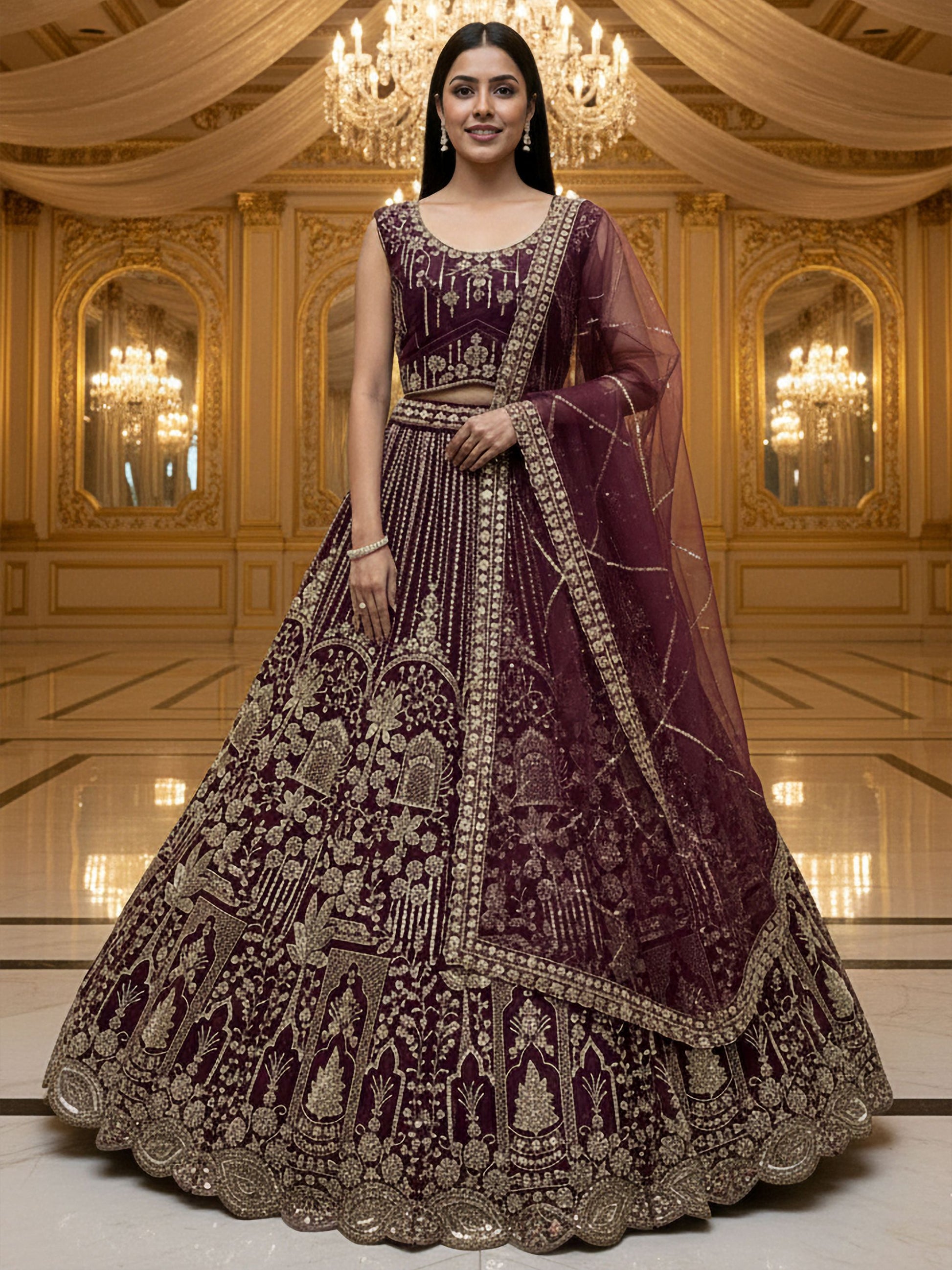 Stellar Dark Maroon Heavy Embroidered Net Bridal Lehenga Choli With Dupatta