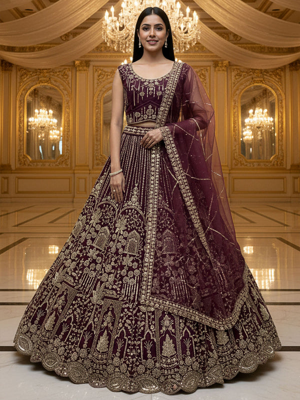 Stellar Dark Maroon Heavy Embroidered Net Bridal Lehenga Choli With Dupatta