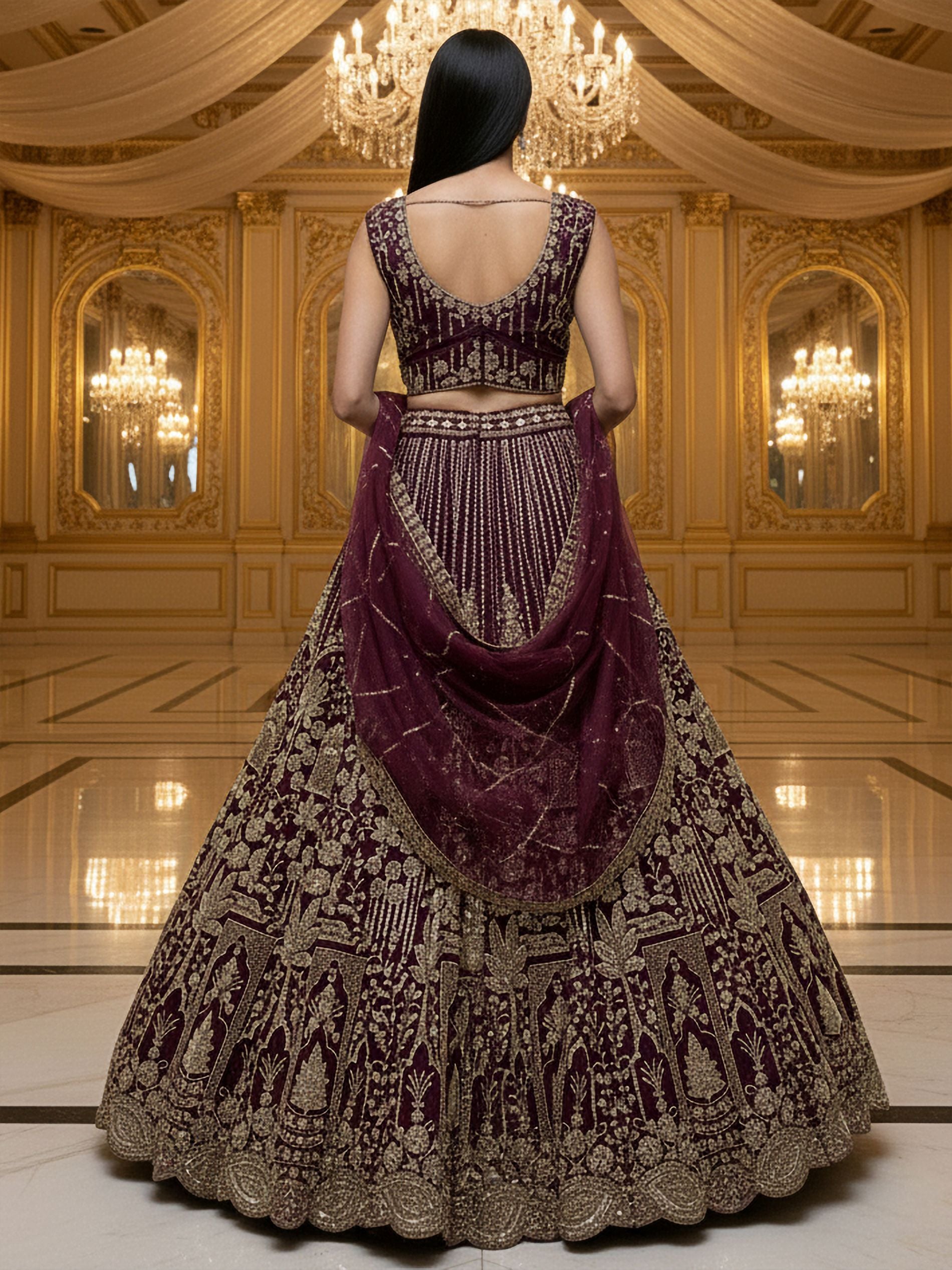 Stellar Dark Maroon Heavy Embroidered Net Bridal Lehenga Choli With Dupatta