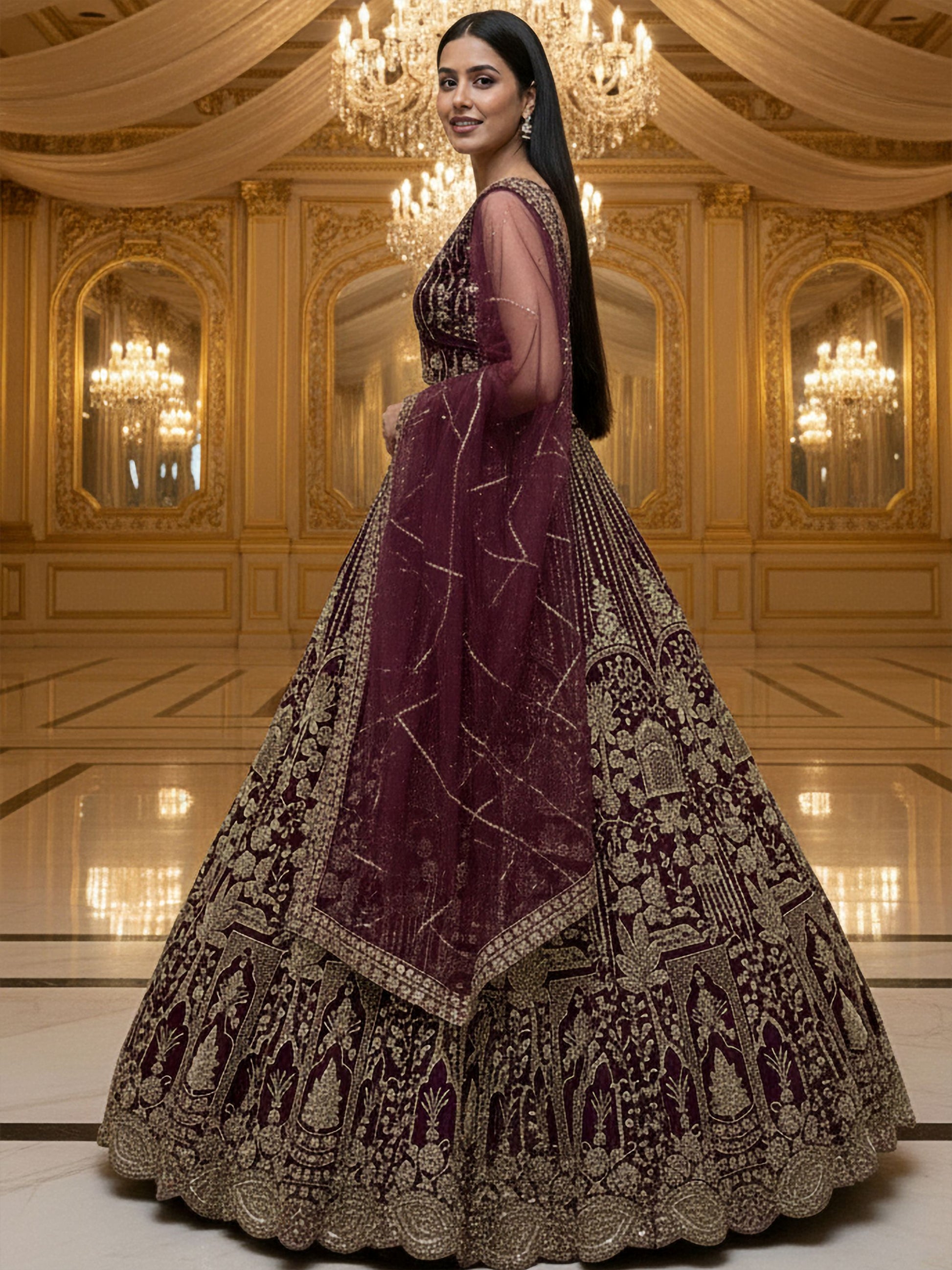 Stellar Dark Maroon Heavy Embroidered Net Bridal Lehenga Choli With Dupatta