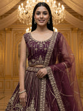 Stellar Dark Maroon Heavy Embroidered Net Bridal Lehenga Choli With Dupatta