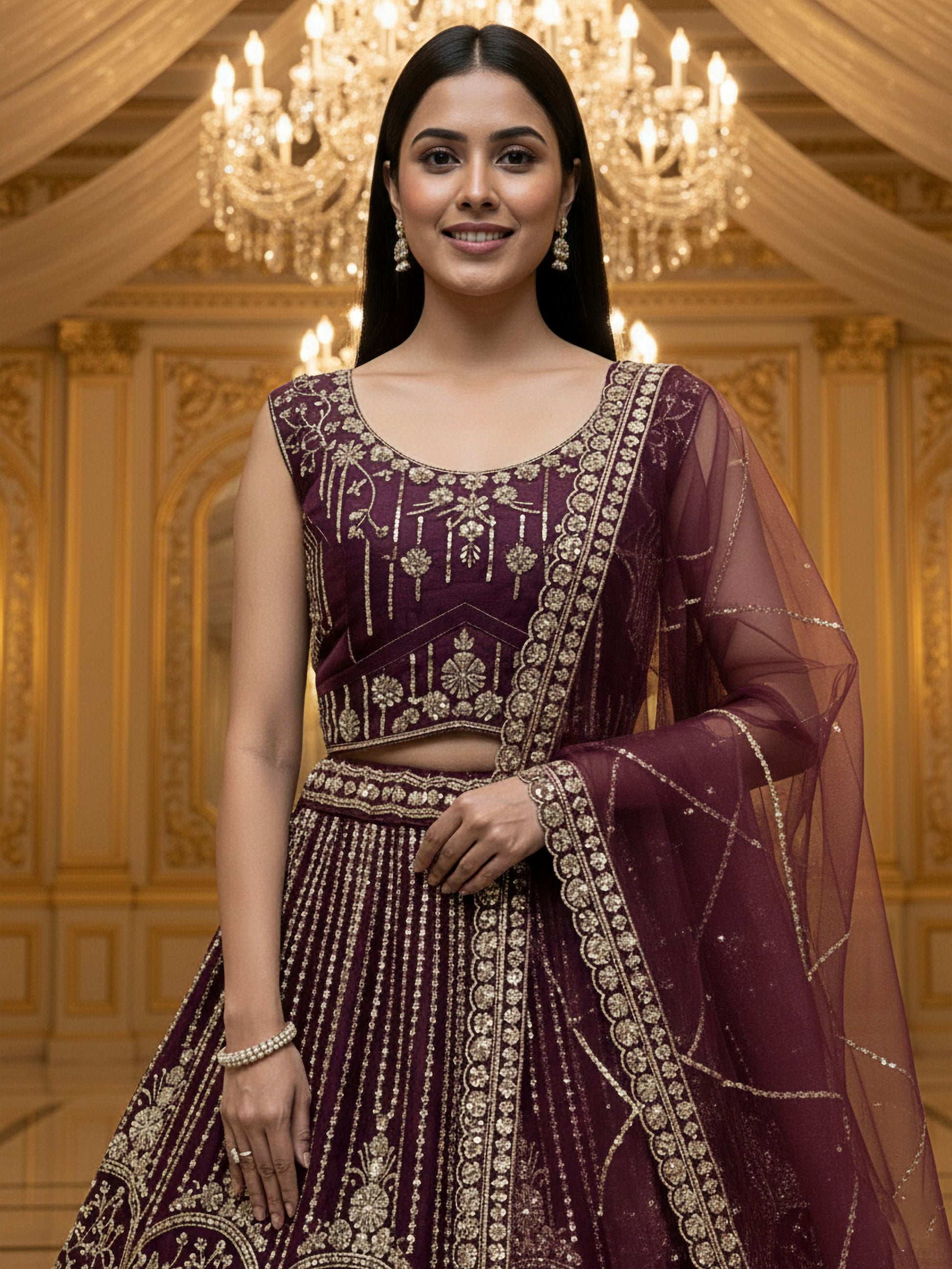 Stellar Dark Maroon Heavy Embroidered Net Bridal Lehenga Choli With Dupatta