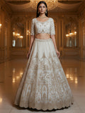 Tremendous White Moti Work Net Bridal Lehenga Choli With Dupatta