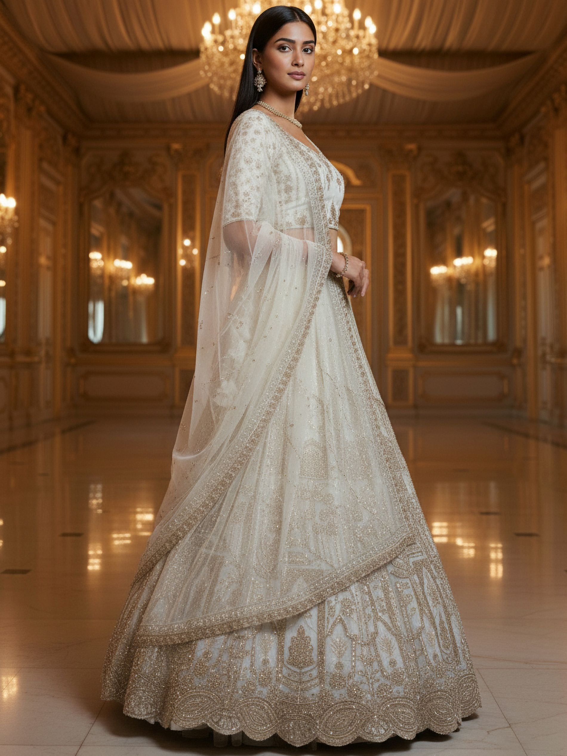 Tremendous White Moti Work Net Bridal Lehenga Choli With Dupatta