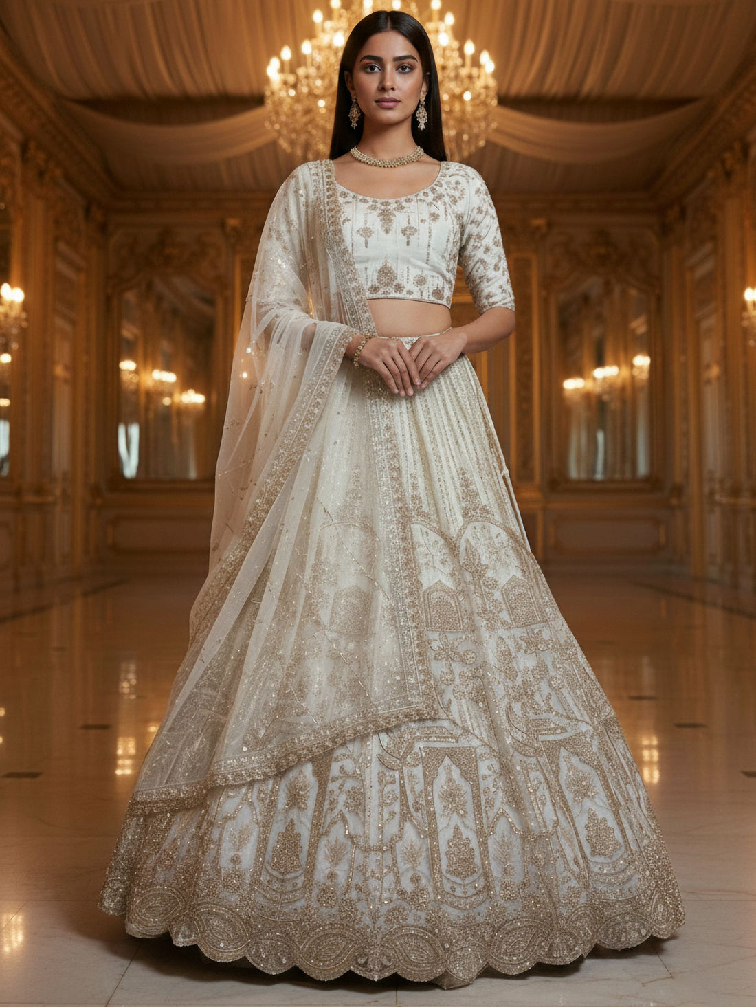Tremendous White Moti Work Net Bridal Lehenga Choli With Dupatta