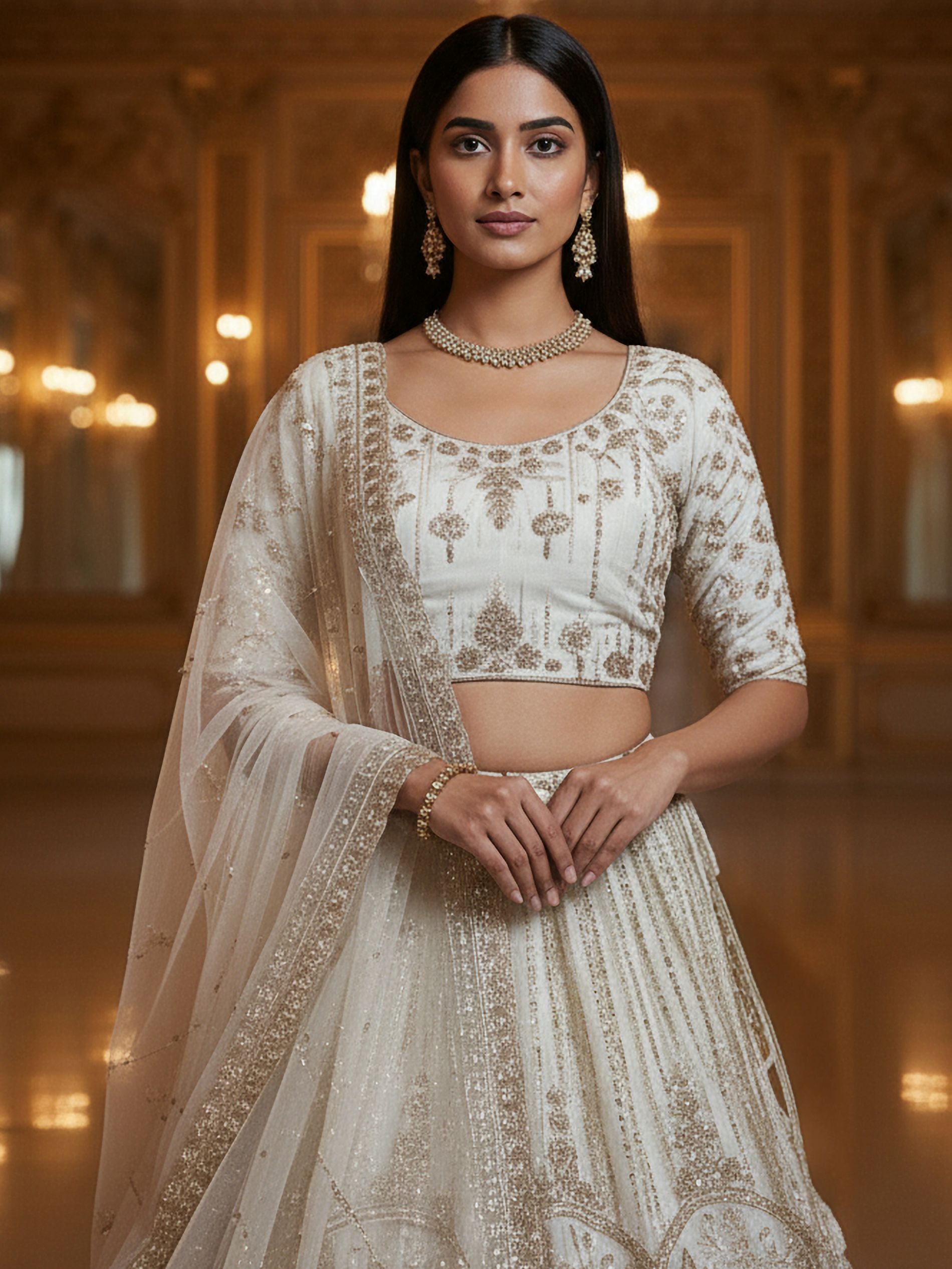 Tremendous White Moti Work Net Bridal Lehenga Choli With Dupatta