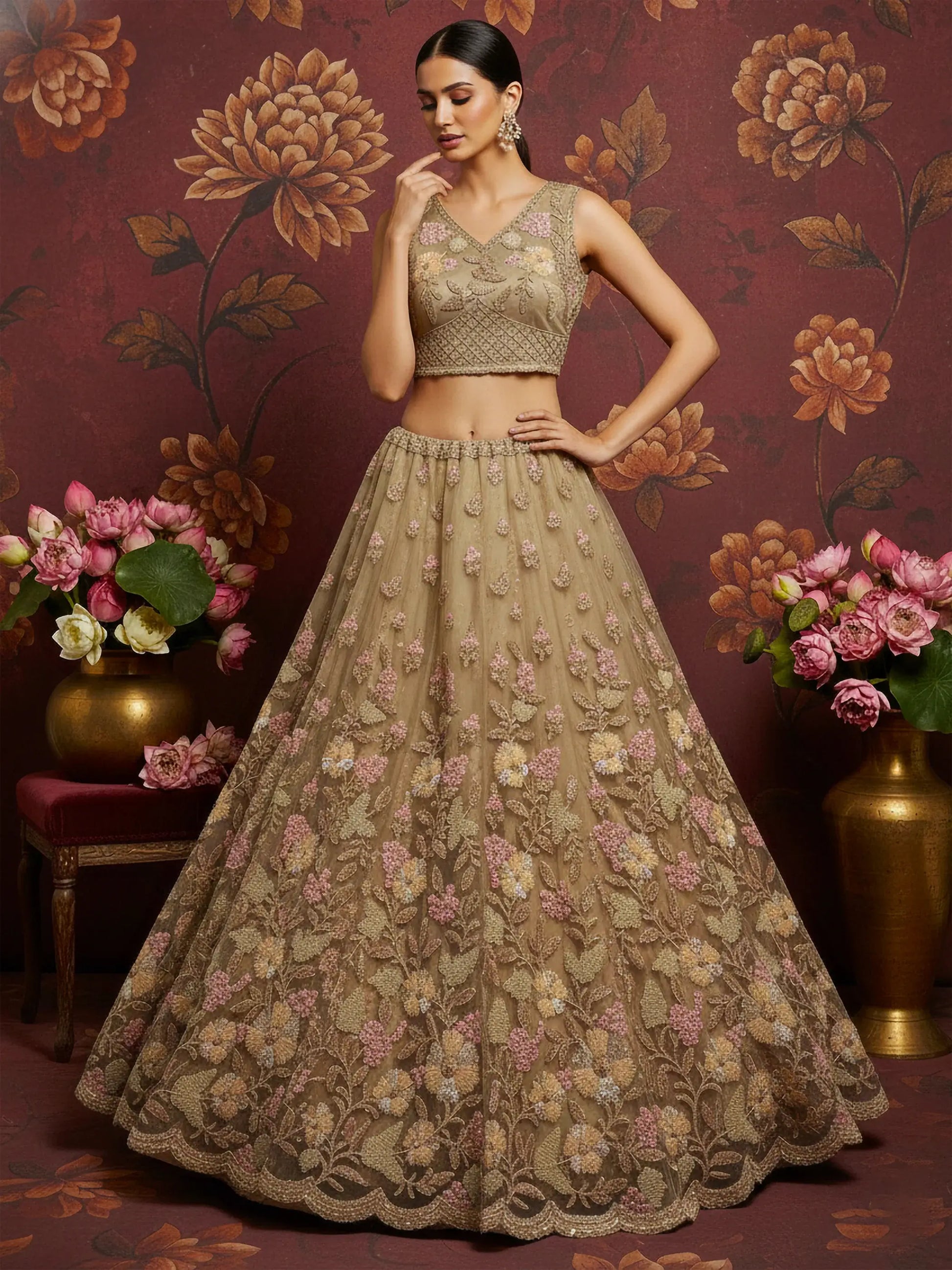 Regal Beige Floral Embroidered Net Sangeet Wear Lehenga With Blouse