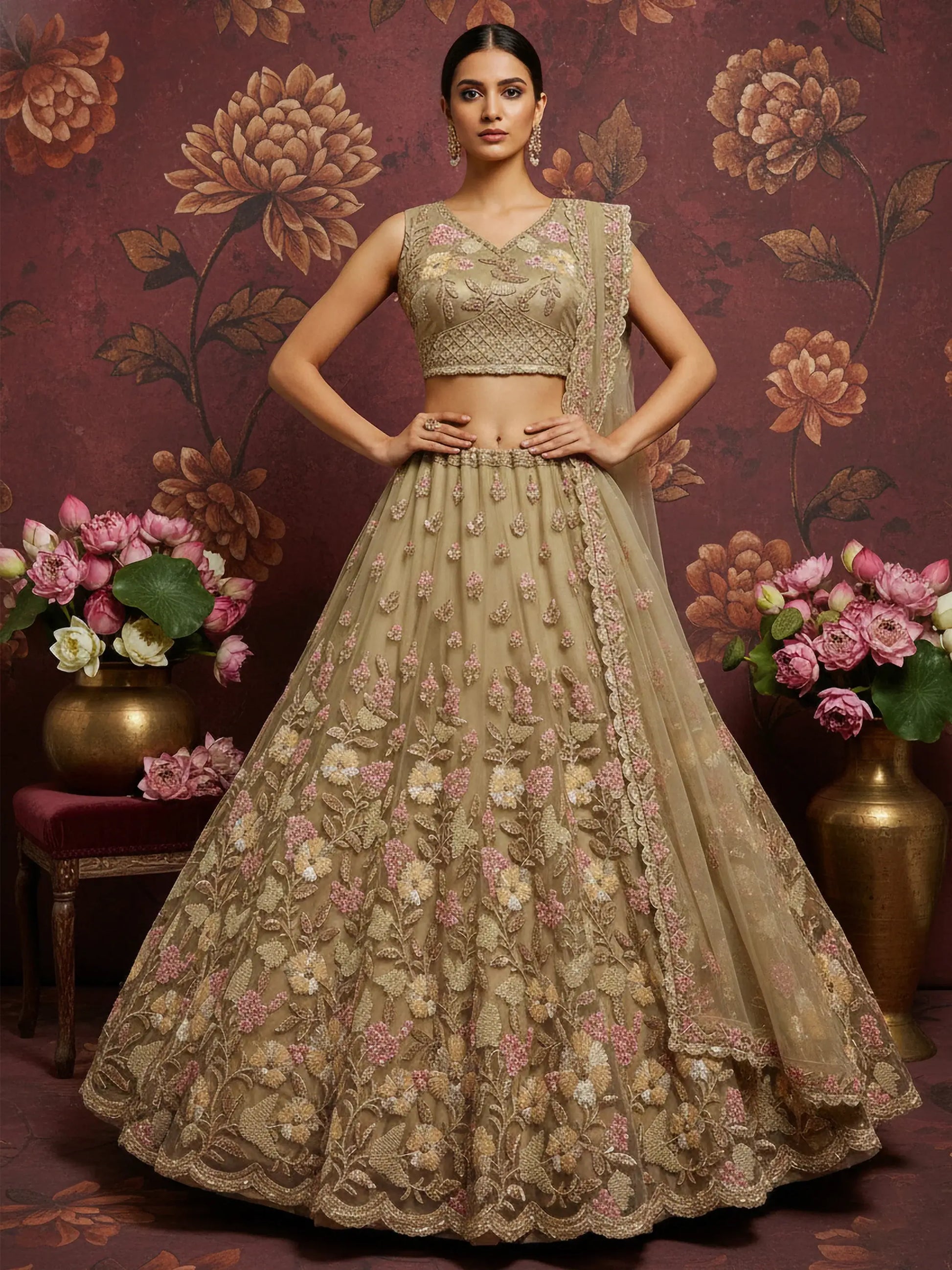 Regal Beige Floral Embroidered Net Sangeet Wear Lehenga With Blouse