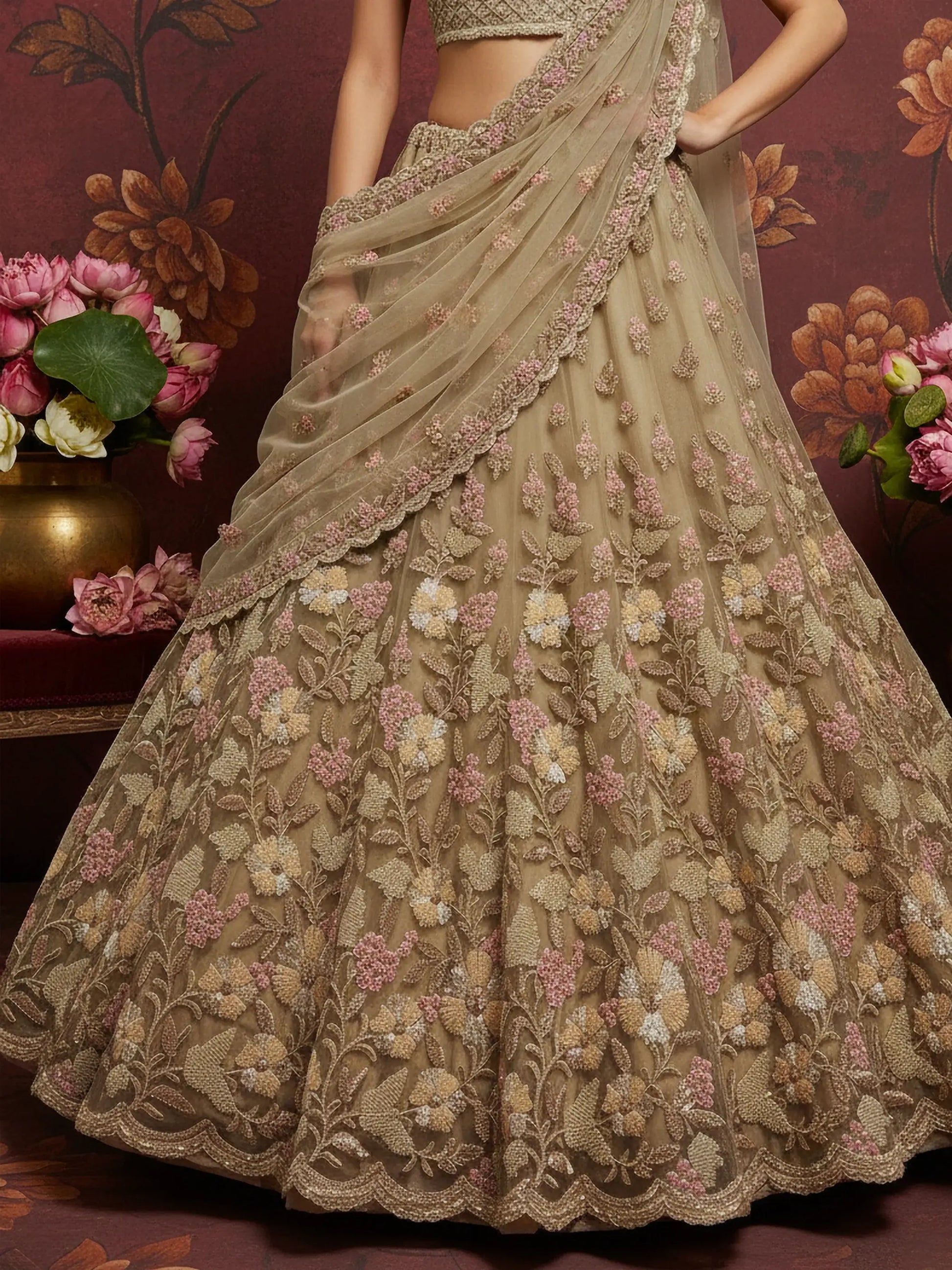 Regal Beige Floral Embroidered Net Sangeet Wear Lehenga With Blouse