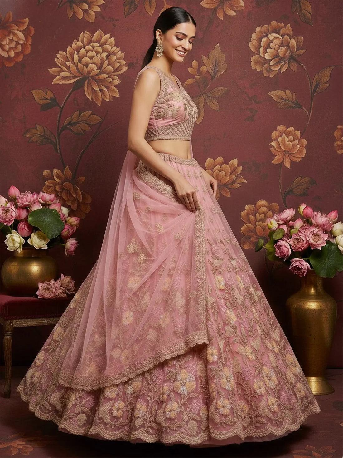 Stupendous Pink Sequins Embroidered Net Engagement Wear Lehenga Choli