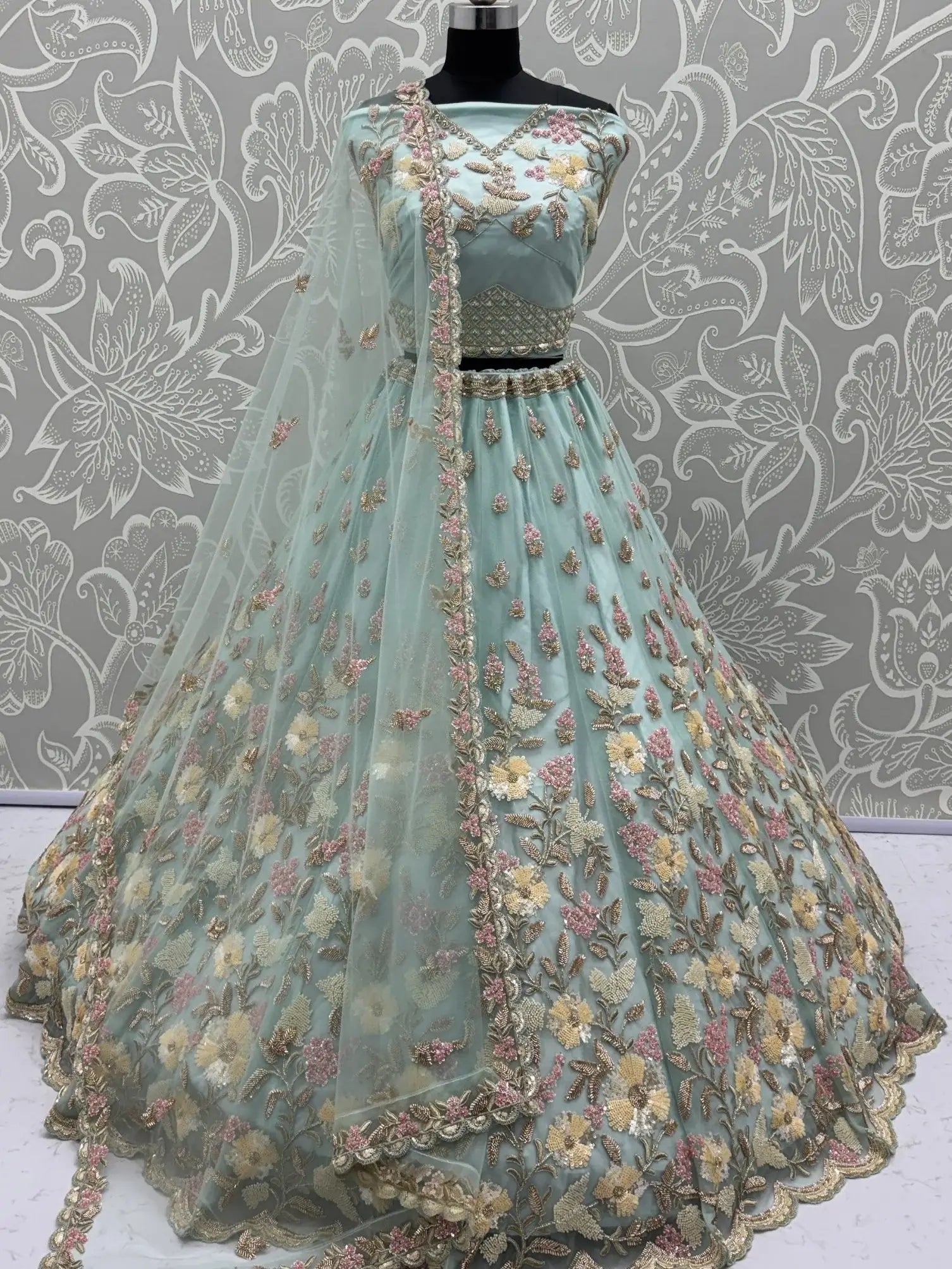 Stunning Sky Blue Hand Work Net Bridesmaid Lehenga Choli With Dupatta
