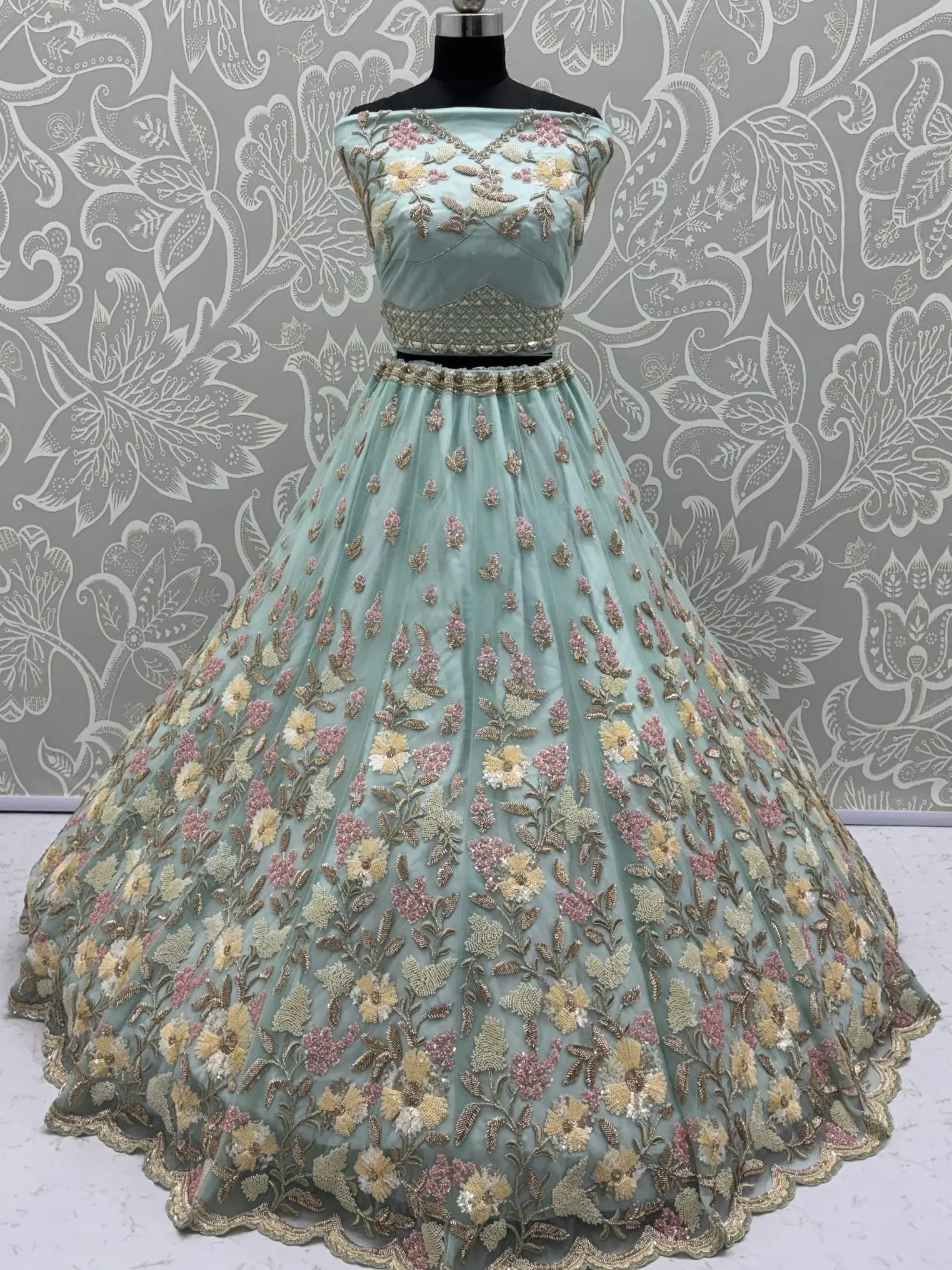 Stunning Sky Blue Hand Work Net Bridesmaid Lehenga Choli With Dupatta
