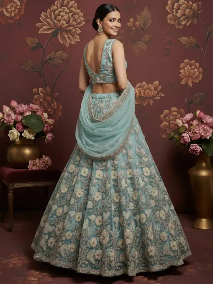 Stunning Sky Blue Hand Work Net Bridesmaid Lehenga Choli With Dupatta