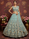 Stunning Sky Blue Hand Work Net Bridesmaid Lehenga Choli With Dupatta