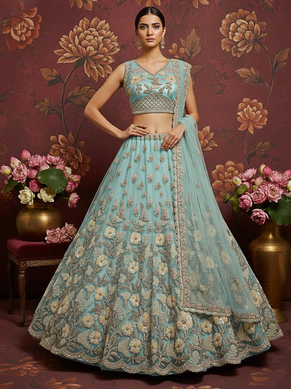 Stunning Sky Blue Hand Work Net Bridesmaid Lehenga Choli With Dupatta