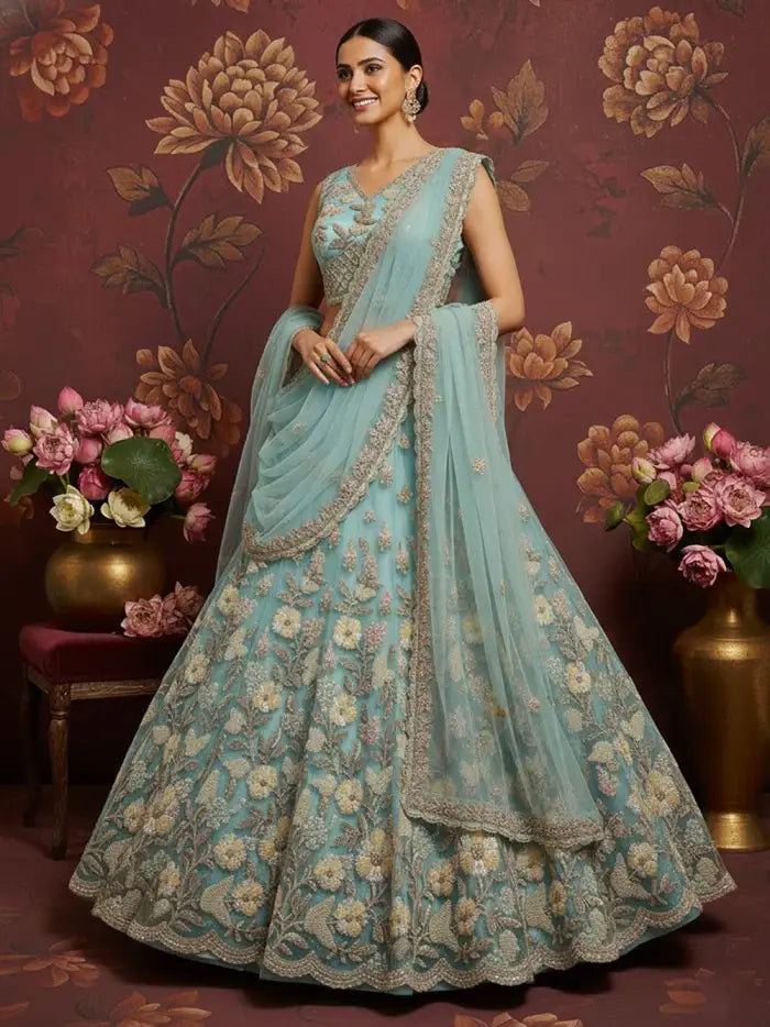 Stunning Sky Blue Hand Work Net Bridesmaid Lehenga Choli With Dupatta