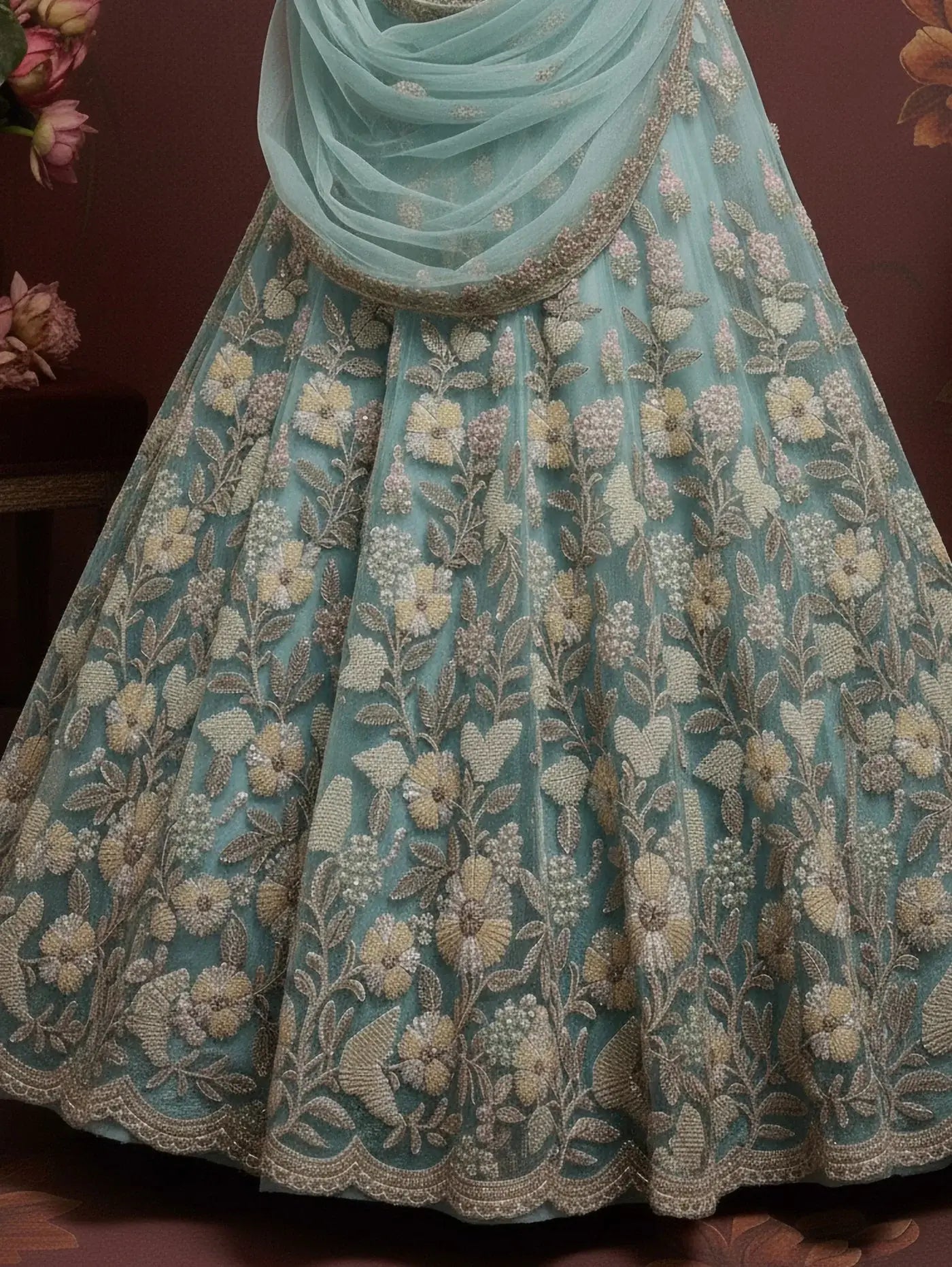 Stunning Sky Blue Hand Work Net Bridesmaid Lehenga Choli With Dupatta