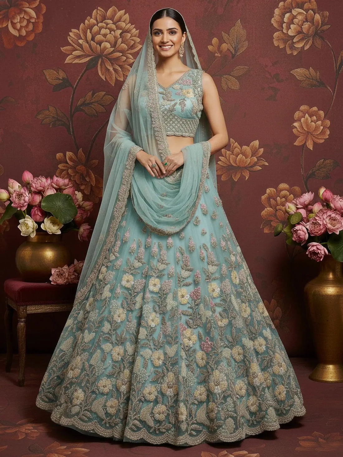Stunning Sky Blue Hand Work Net Bridesmaid Lehenga Choli With Dupatta