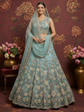 Stunning Sky Blue Hand Work Net Bridesmaid Lehenga Choli With Dupatta