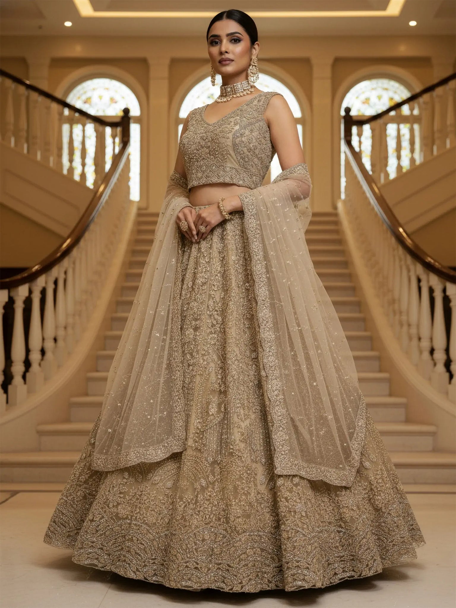 Attractive Golden Zircon Work Net Reception Wear Lehenga Choli With Dupatta