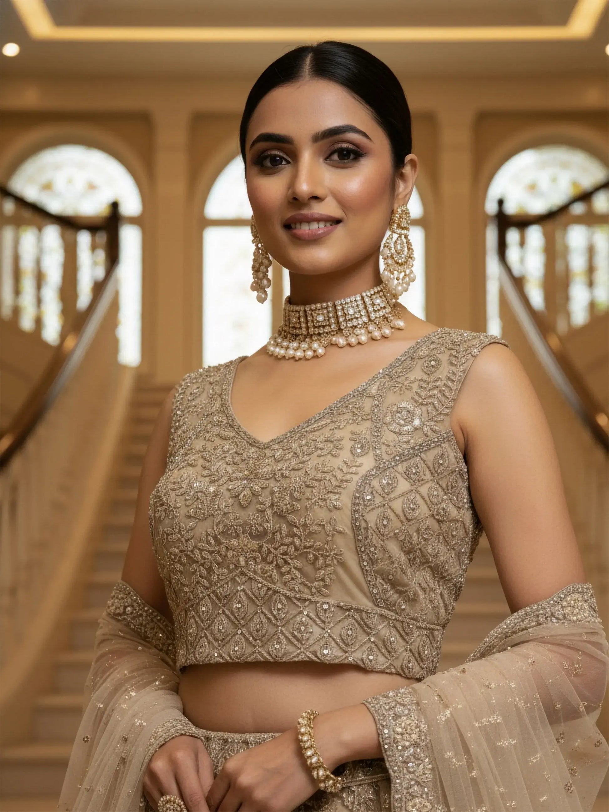 Attractive Golden Zircon Work Net Reception Wear Lehenga Choli With Dupatta