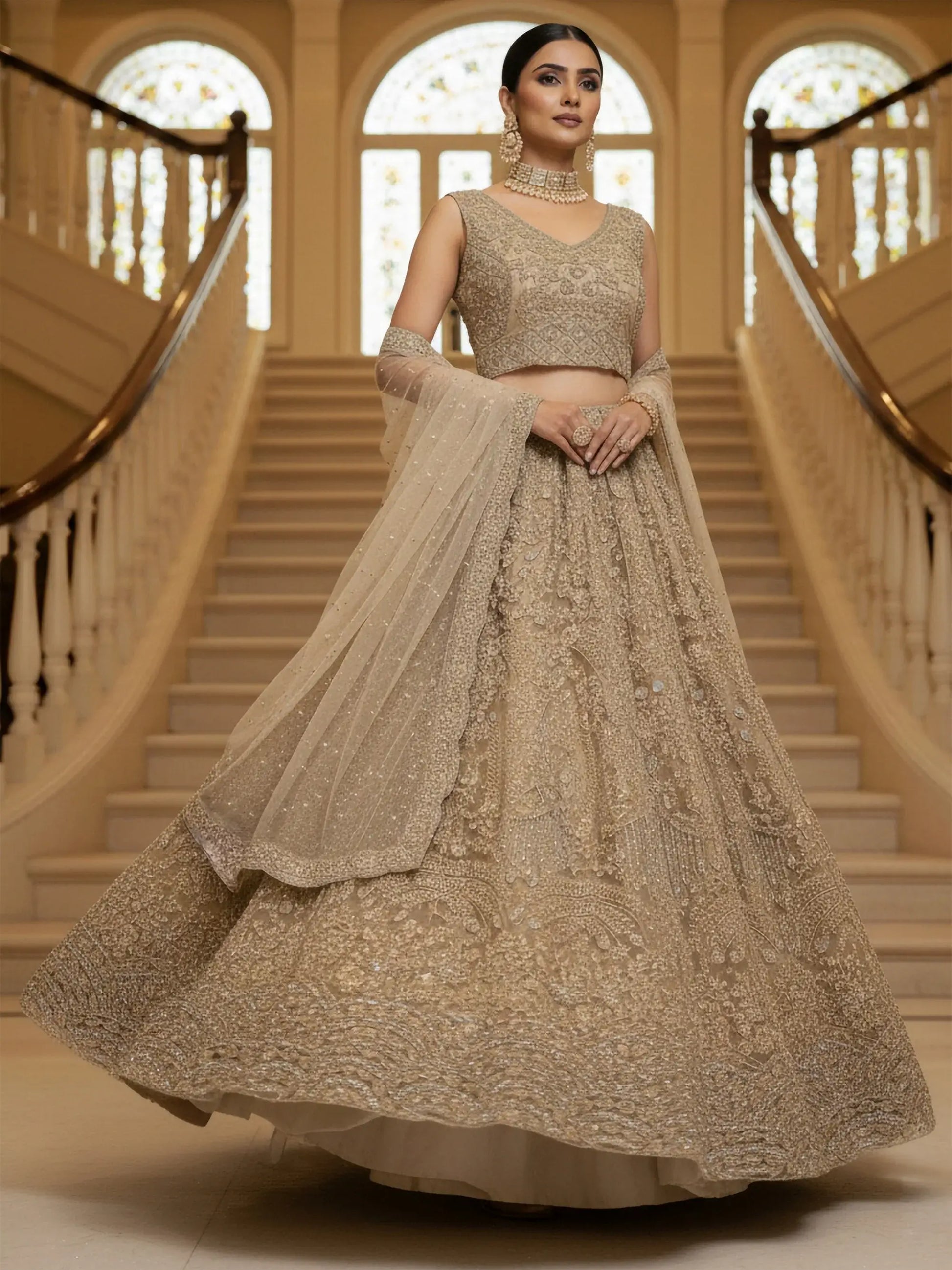 Attractive Golden Zircon Work Net Reception Wear Lehenga Choli With Dupatta