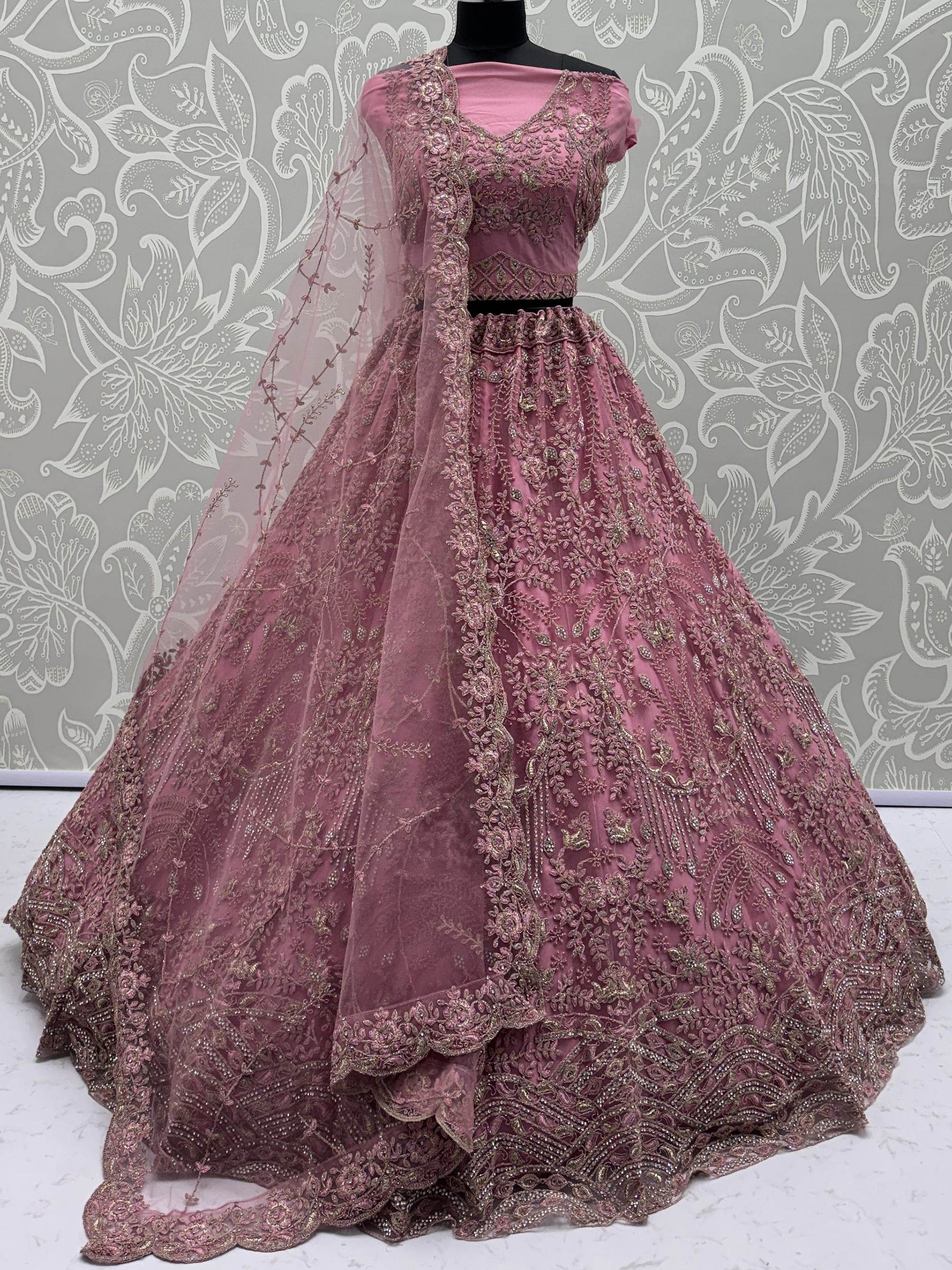 Pretty Pink Dori Embroidery Net Engagement Wear Lehenga Choli With Dupatta