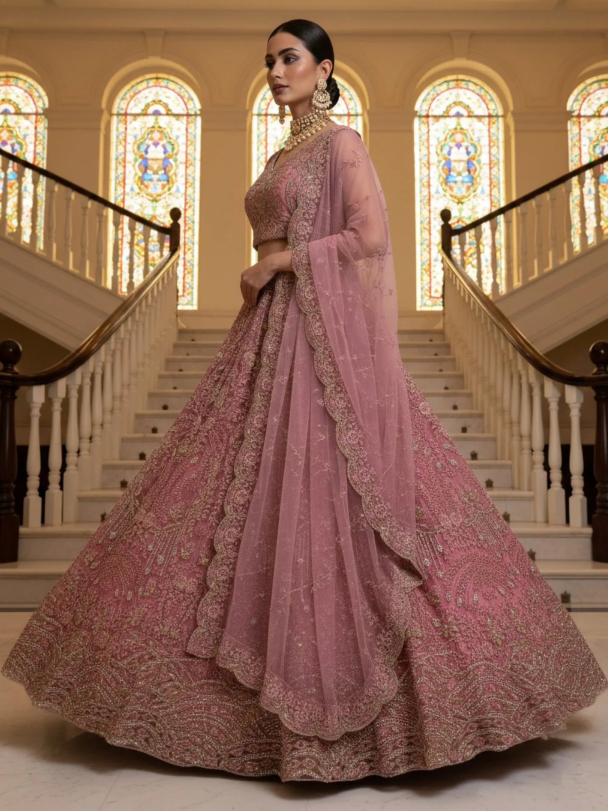 Pretty Pink Dori Embroidery Net Engagement Wear Lehenga Choli With Dupatta