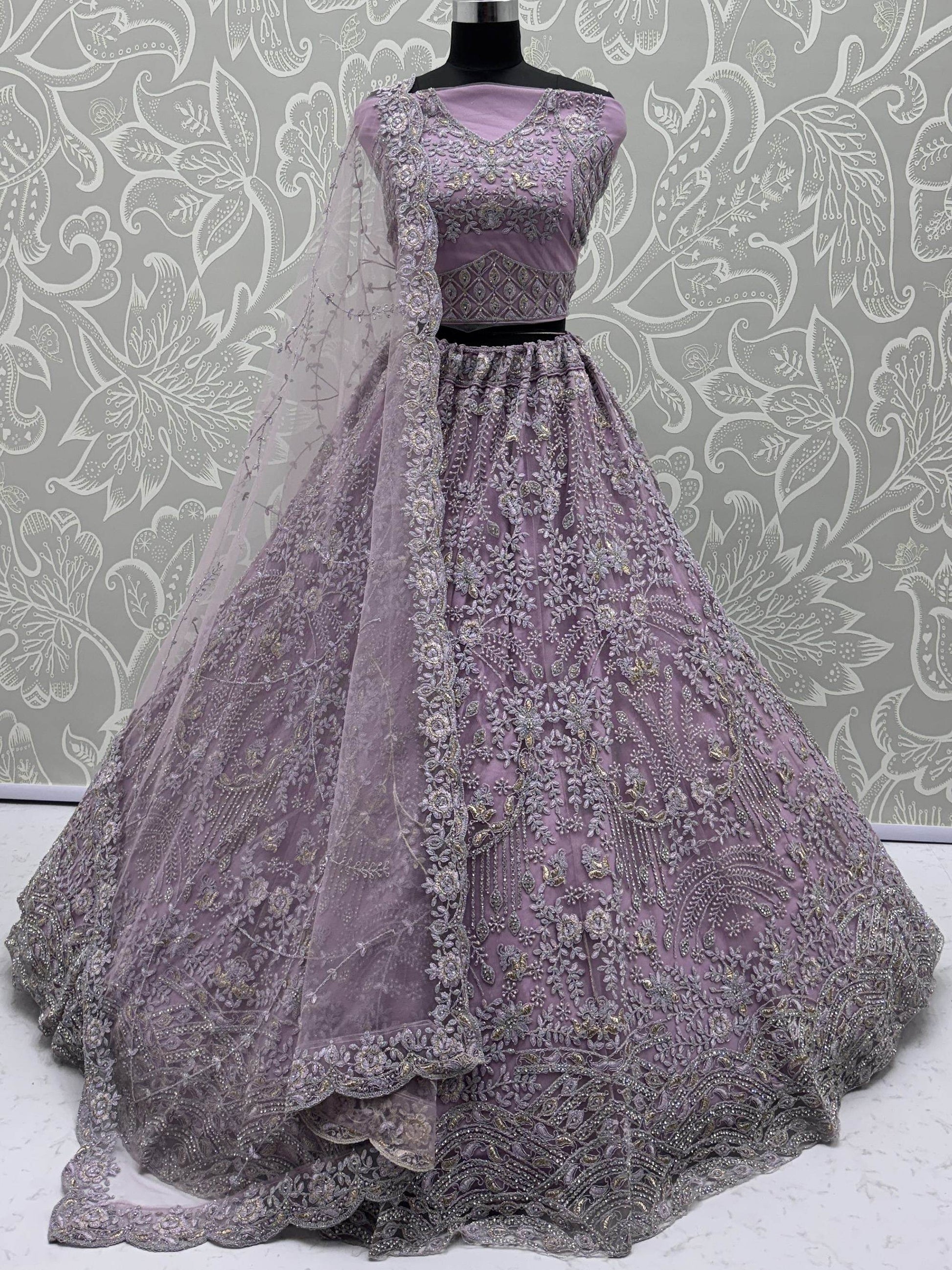 Awesome Lilac Heavy Embroidered Net Bridesmaids Lehenga With Blouse