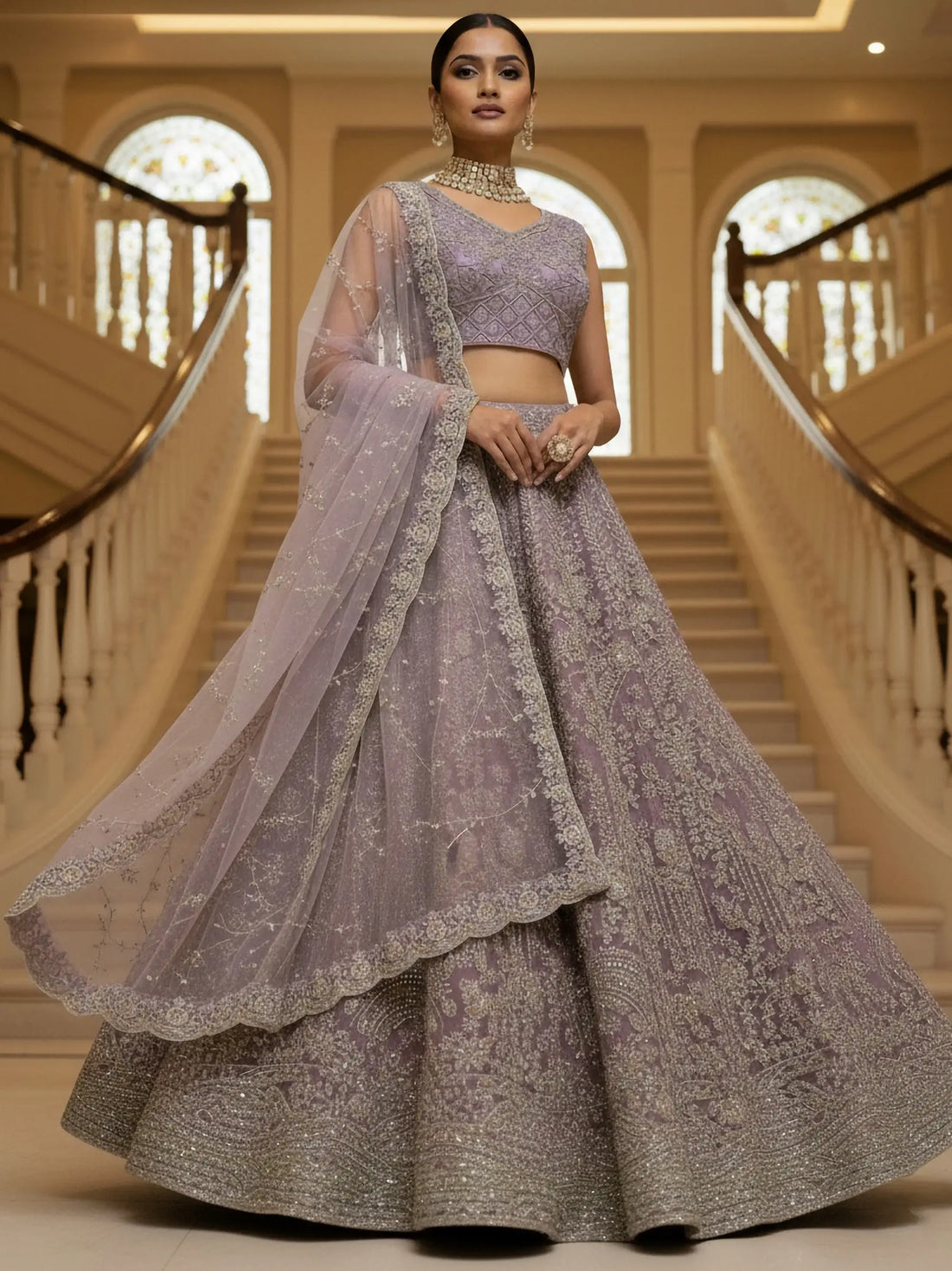 Awesome Lilac Heavy Embroidered Net Bridesmaids Lehenga With Blouse