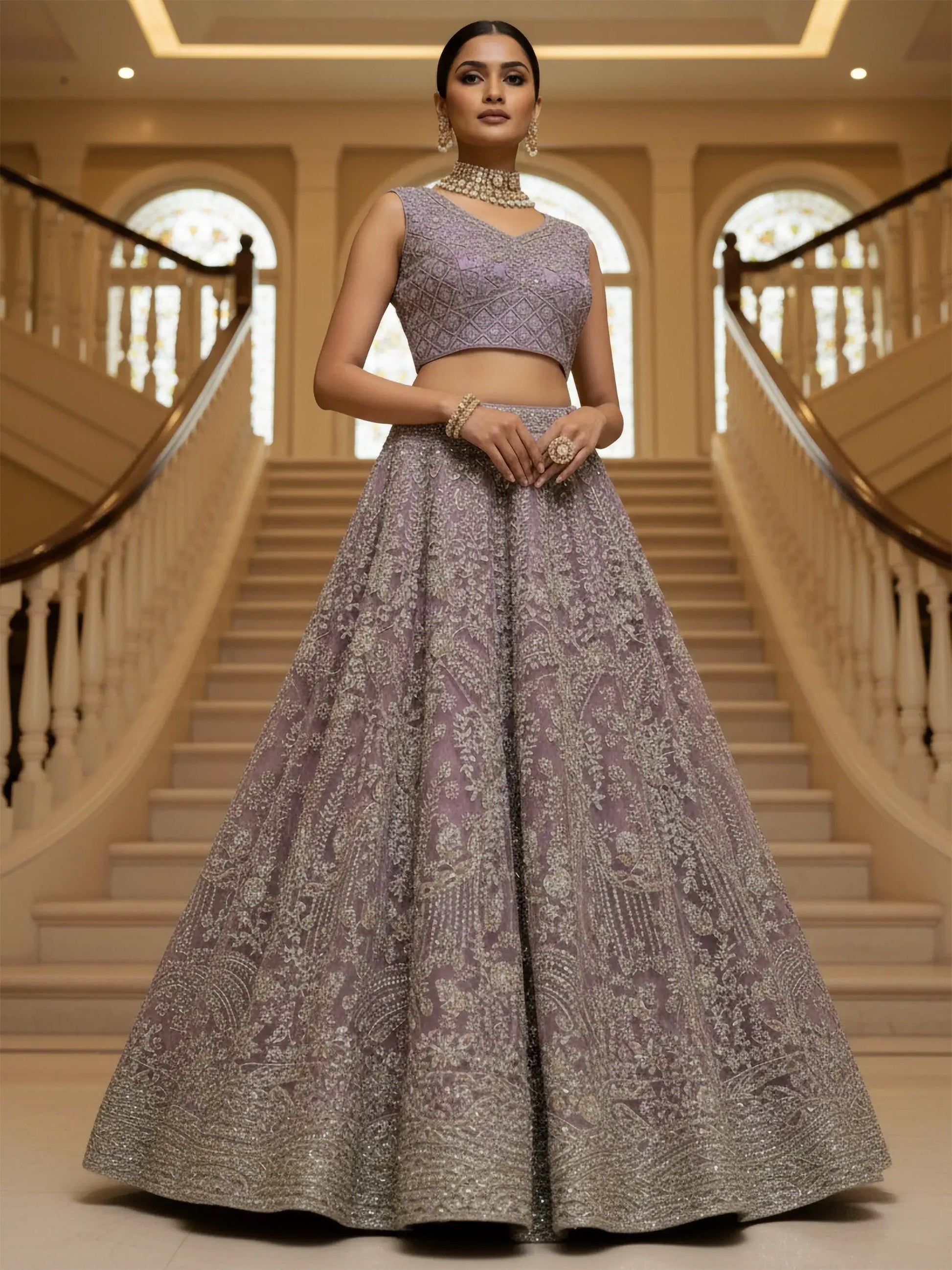 Awesome Lilac Heavy Embroidered Net Bridesmaids Lehenga With Blouse