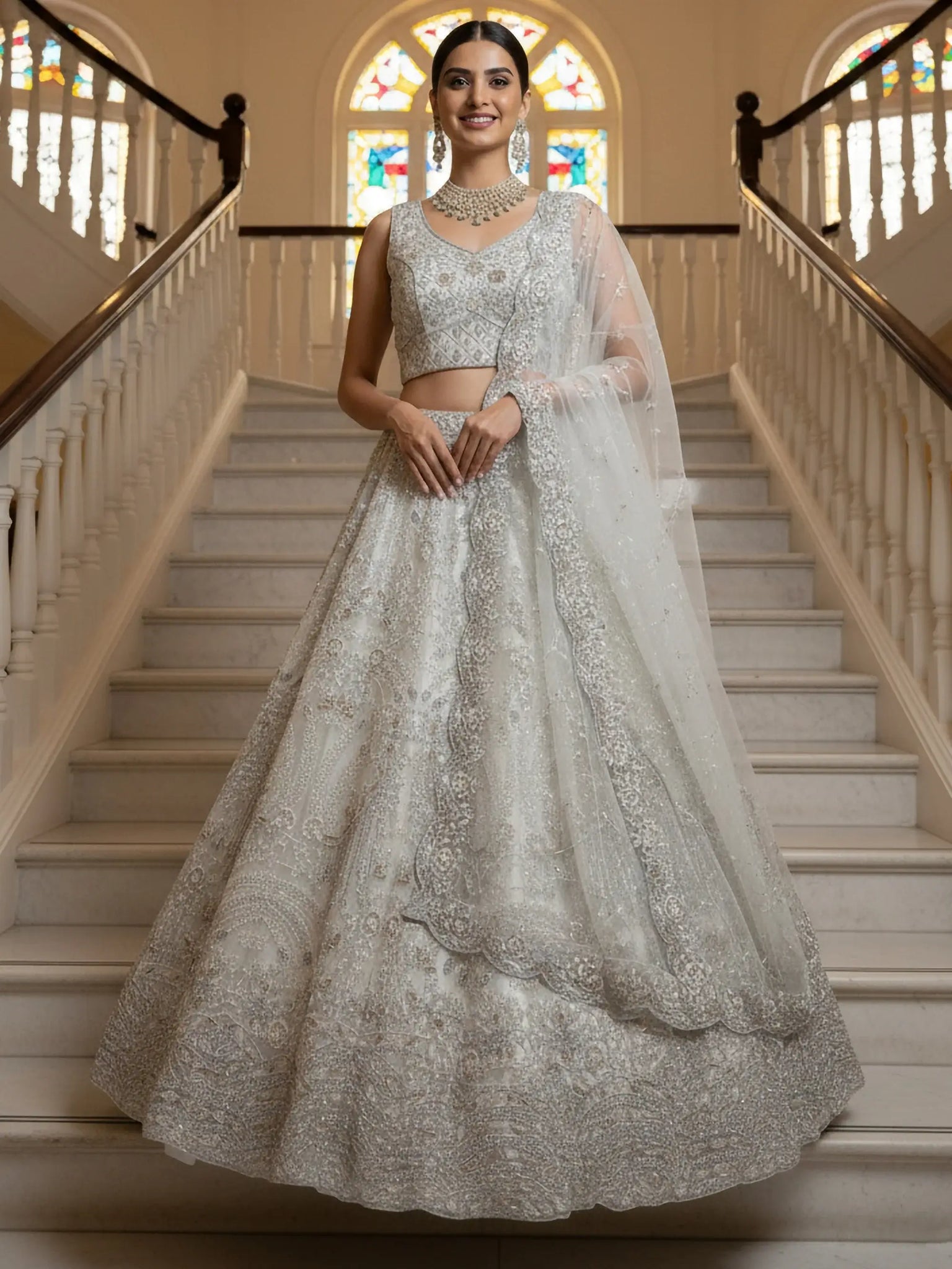 Stunning White Zari Embroidered Net Sangeet Wear Lehenga Choli With Dupatta