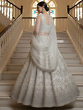 Stunning White Zari Embroidered Net Sangeet Wear Lehenga Choli With Dupatta