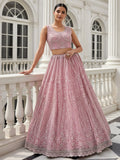 Stylish Powder Pink Thread Work Silk Bridesmaid Lehenga Choli With Dupatta