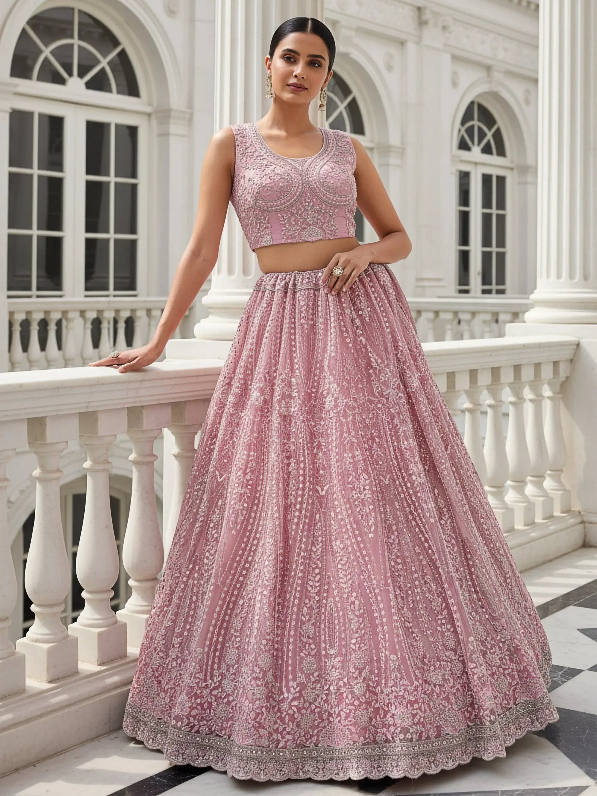 Stylish Powder Pink Thread Work Silk Bridesmaid Lehenga Choli With Dupatta