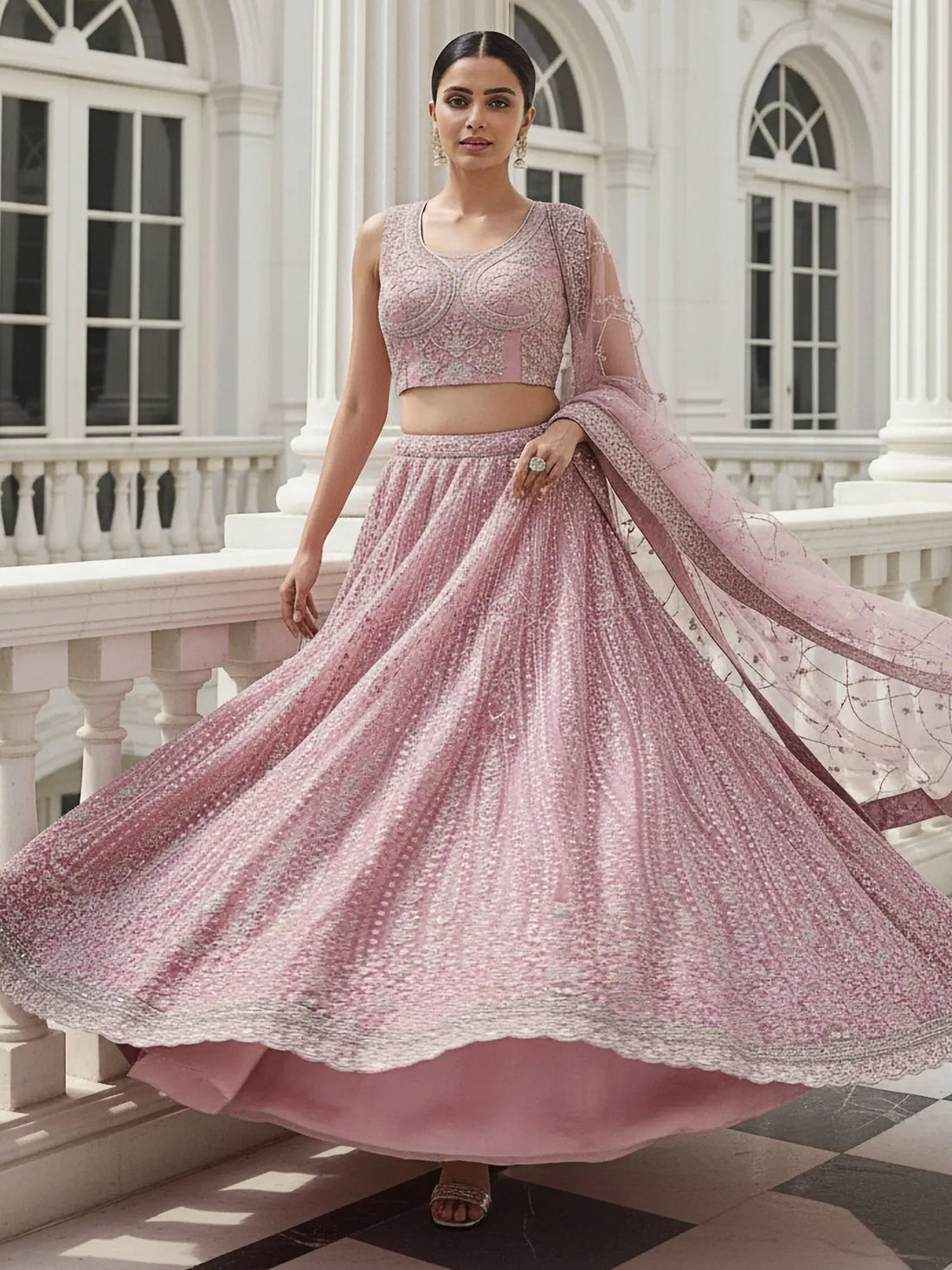 Stylish Powder Pink Thread Work Silk Bridesmaid Lehenga Choli With Dupatta