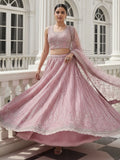 Stylish Powder Pink Thread Work Silk Bridesmaid Lehenga Choli With Dupatta