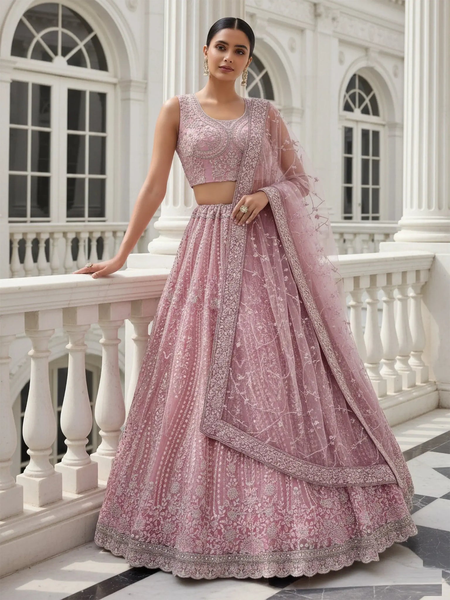 Stylish Powder Pink Thread Work Silk Bridesmaid Lehenga Choli With Dupatta