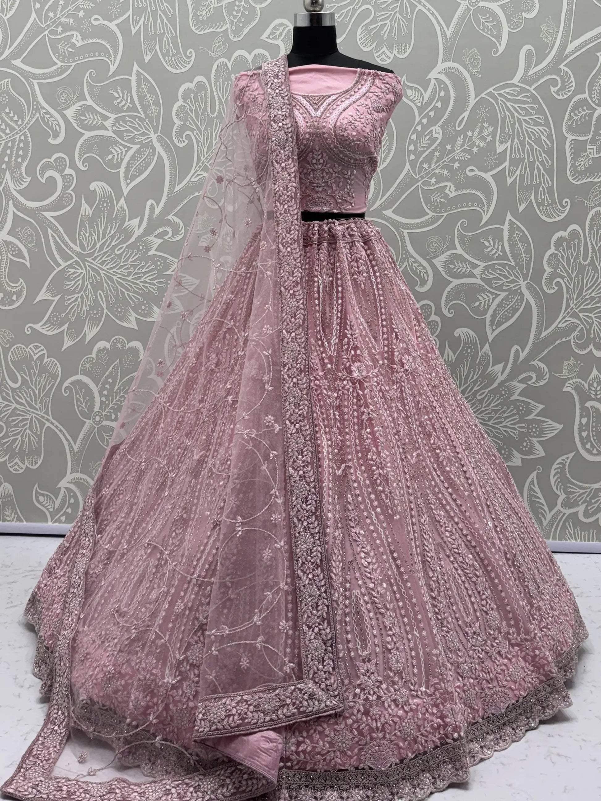 Stylish Powder Pink Thread Work Silk Bridesmaid Lehenga Choli With Dupatta